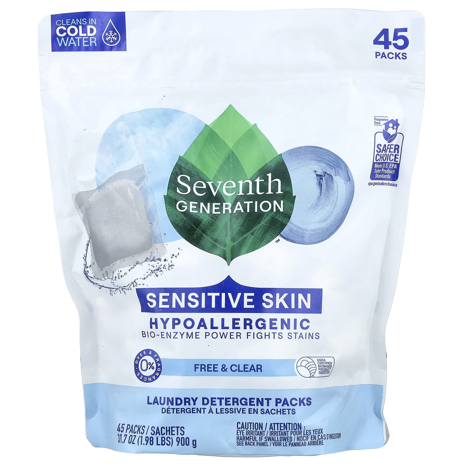 Seventh Generation, Laundry Detergent Packs, Free & Clear, Fragrance Free, 45 Packs, 1.98 lbs (900 g)