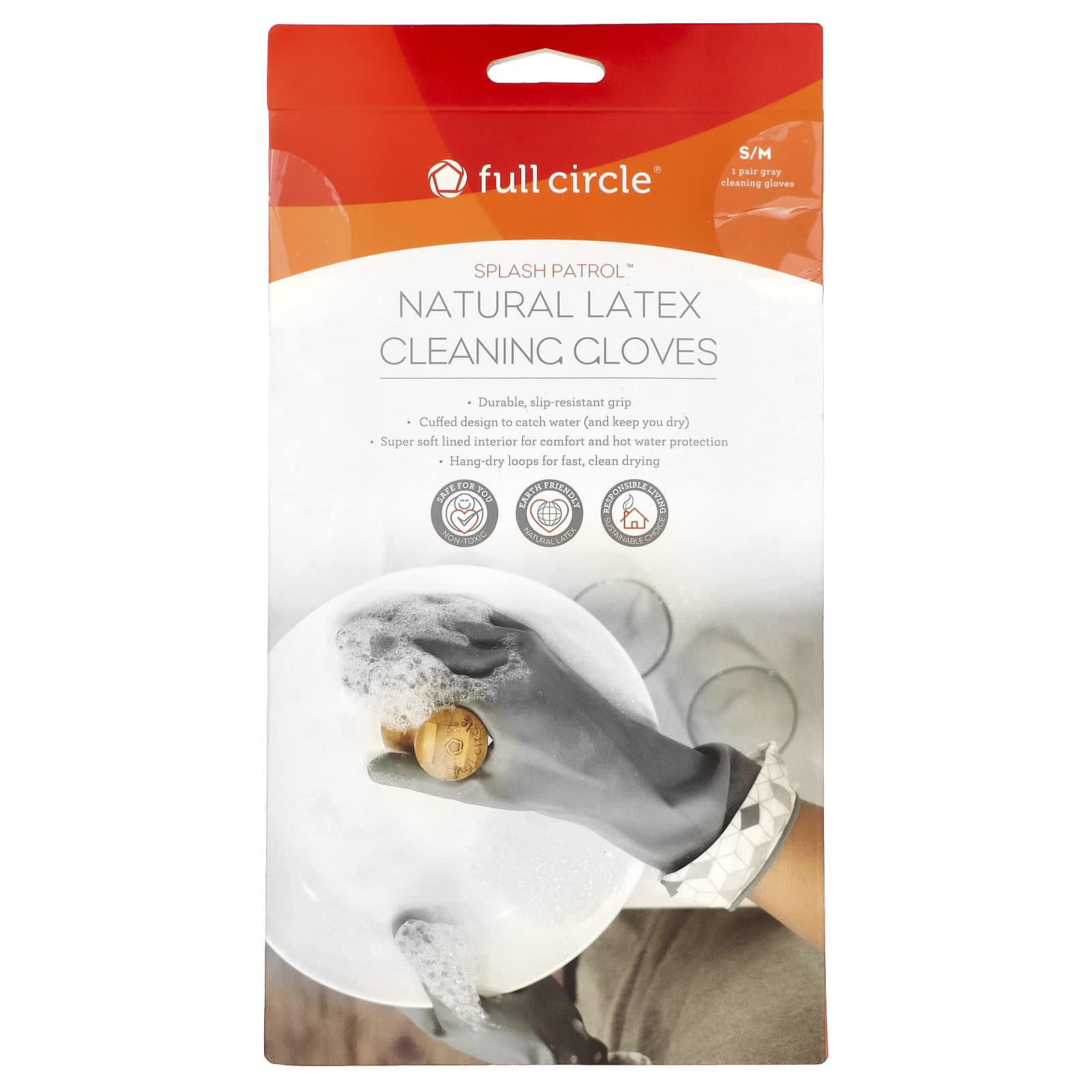 Full Circle, Splash Patrol™, Natural Latex Cleaning Gloves, S/M, Grey, 1 Pair