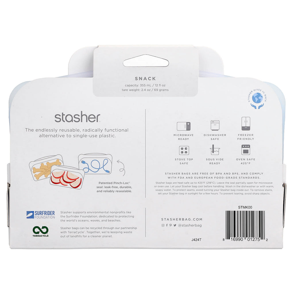 Stasher, Reusable Silicone Food Bag, Snack Size, Clear, 12 fl oz (355 ml)