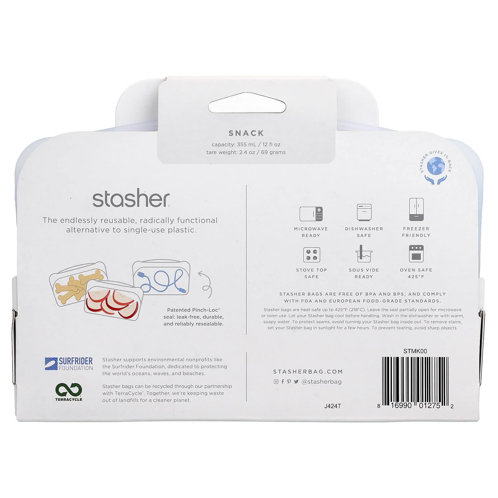 Stasher, Reusable Silicone Food Bag, Snack Size, Clear, 12 fl oz (355 ml)