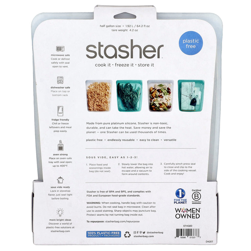 Stasher, Reusable Silicone Food Bag, Half Gallon, Clear, 64.2 fl oz (1.92 l)