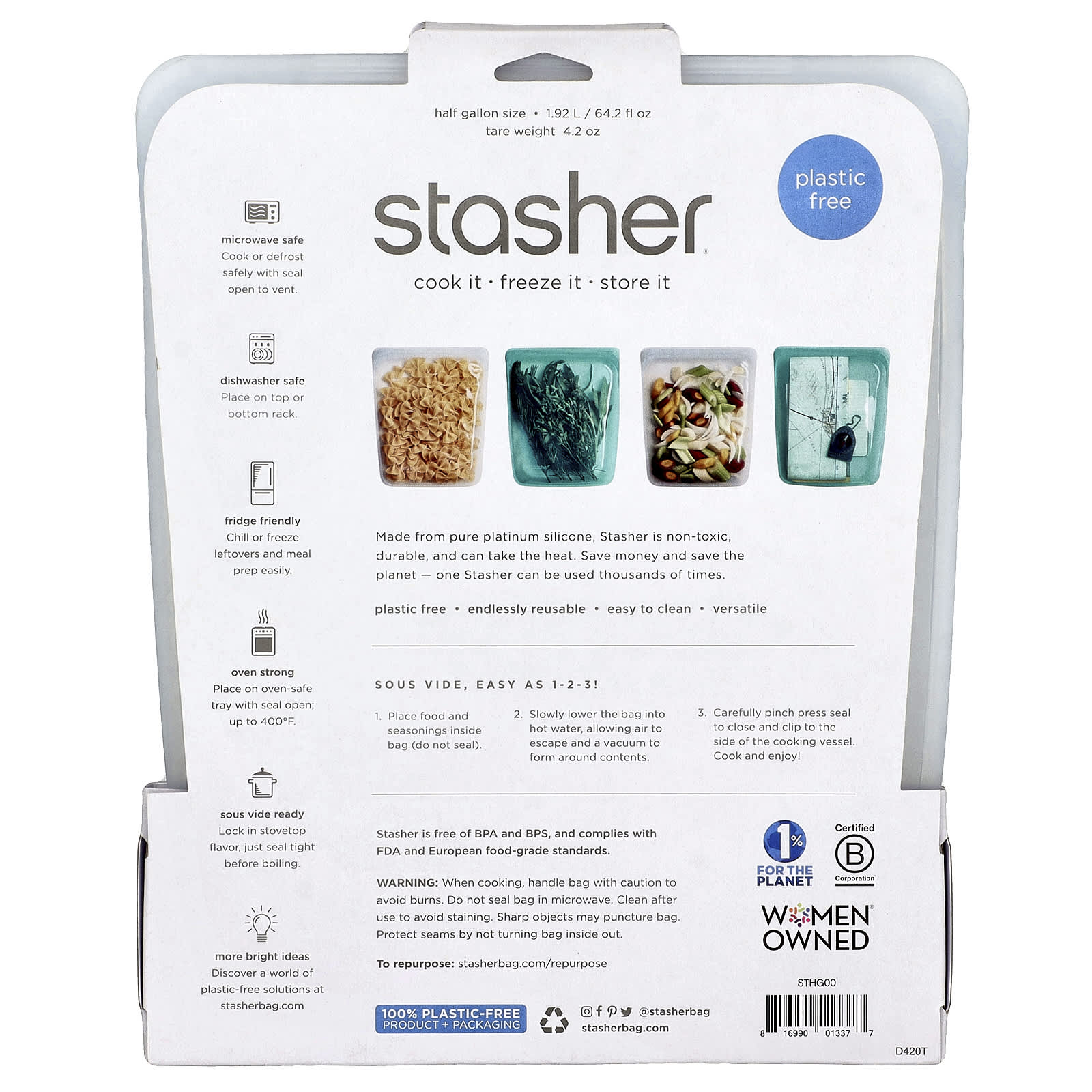 Stasher, Reusable Silicone Food Bag, Half Gallon, Clear, 64.2 fl oz (1.92 l)