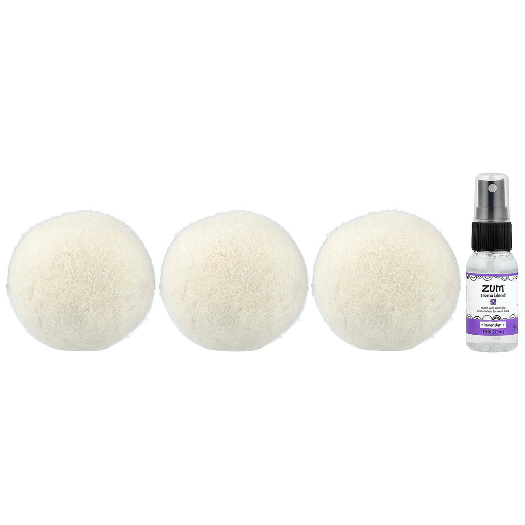 ZUM, Wool Dryer Balls with Aroma Blend, Lavender, 3 Wool Balls Plus 1 Aroma Blend, 8.5 oz