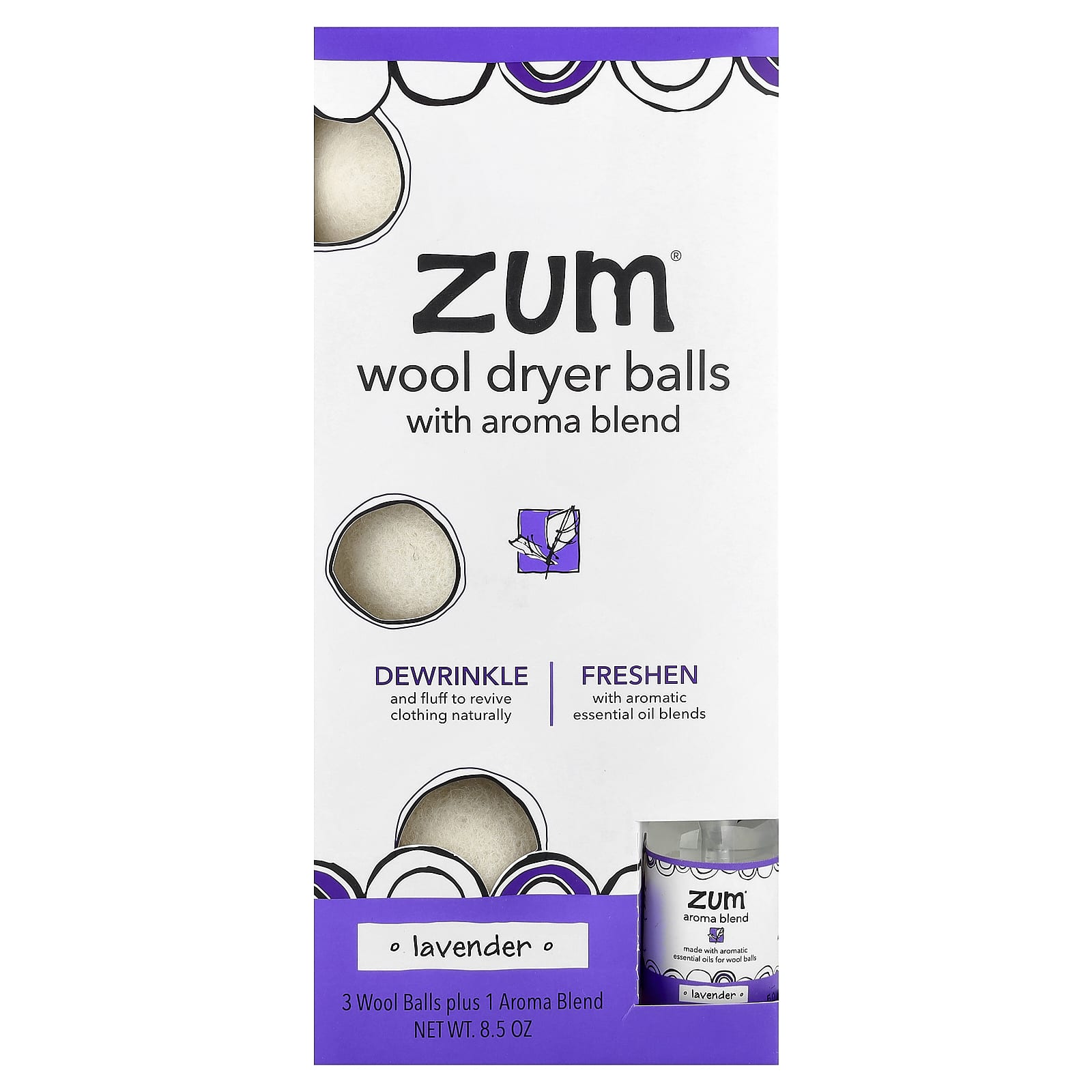 ZUM, Wool Dryer Balls with Aroma Blend, Lavender, 3 Wool Balls Plus 1 Aroma Blend, 8.5 oz