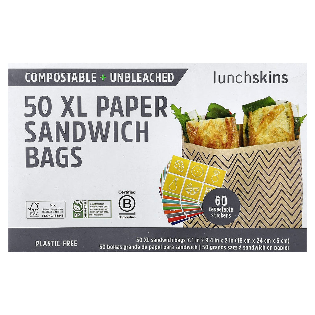 Lunchskins, XL Paper Sandwich Bags With Resealable Stickers, 50 Count