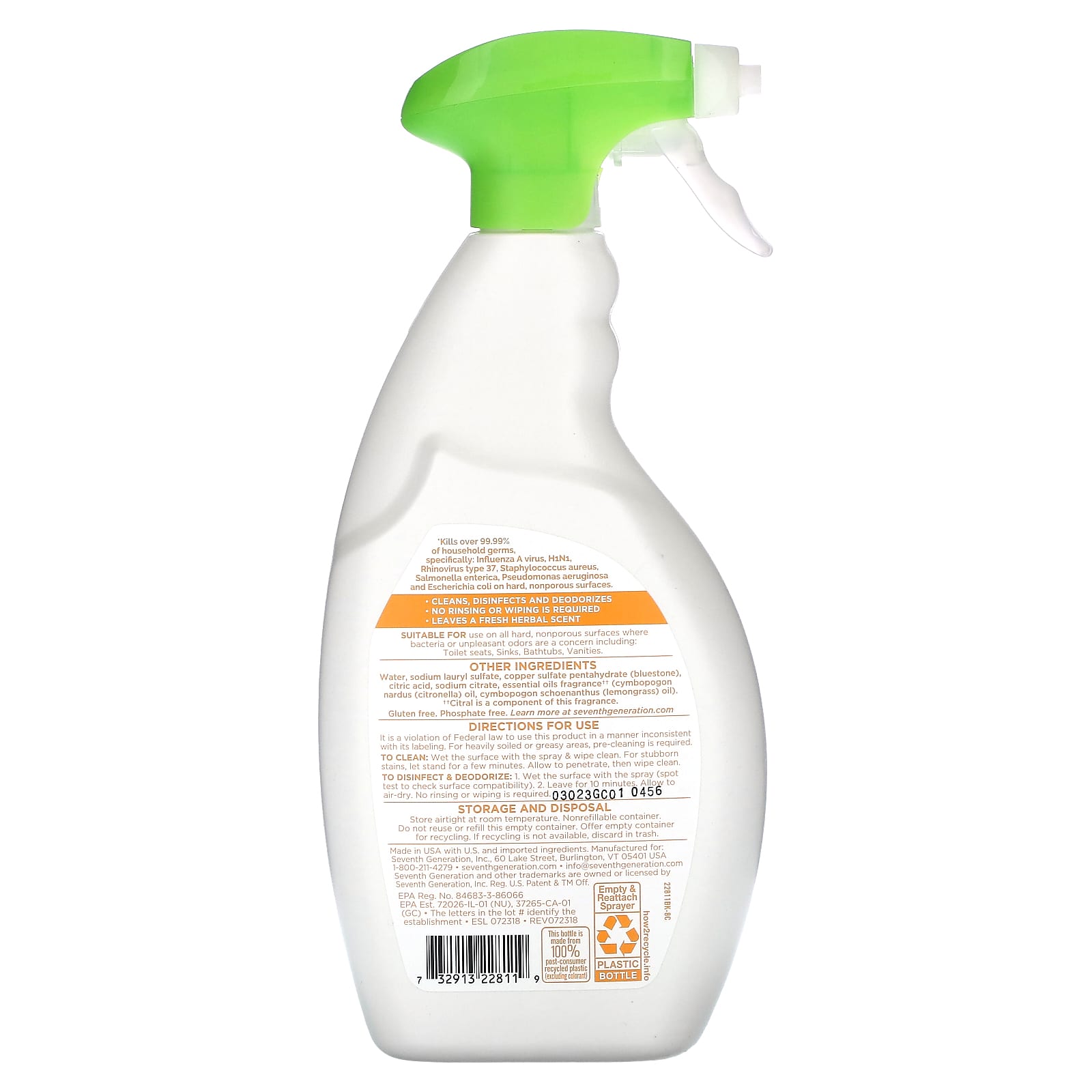 Seventh Generation, Disinfecting Bathroom Cleaner, Lemongrass Citrus, 26 fl oz (768 ml)