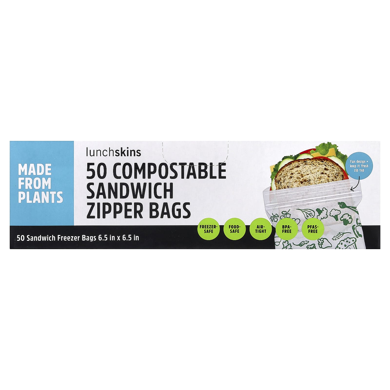 Lunchskins, Compostable Sandwich Zipper Bags, 50 Bags