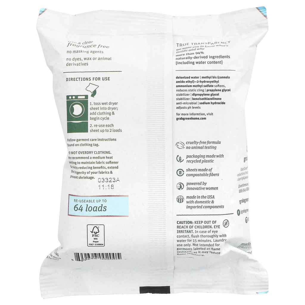 Grab Green, Wet Dryer Sheets, Fragrance Free, 32 Sheets