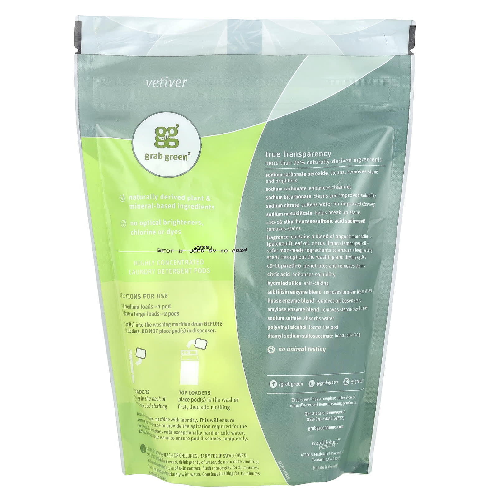 Grab Green, 3 in 1 Laundry Detergent Pods, Vetiver, 24 Loads, 13.5 oz (384 g)