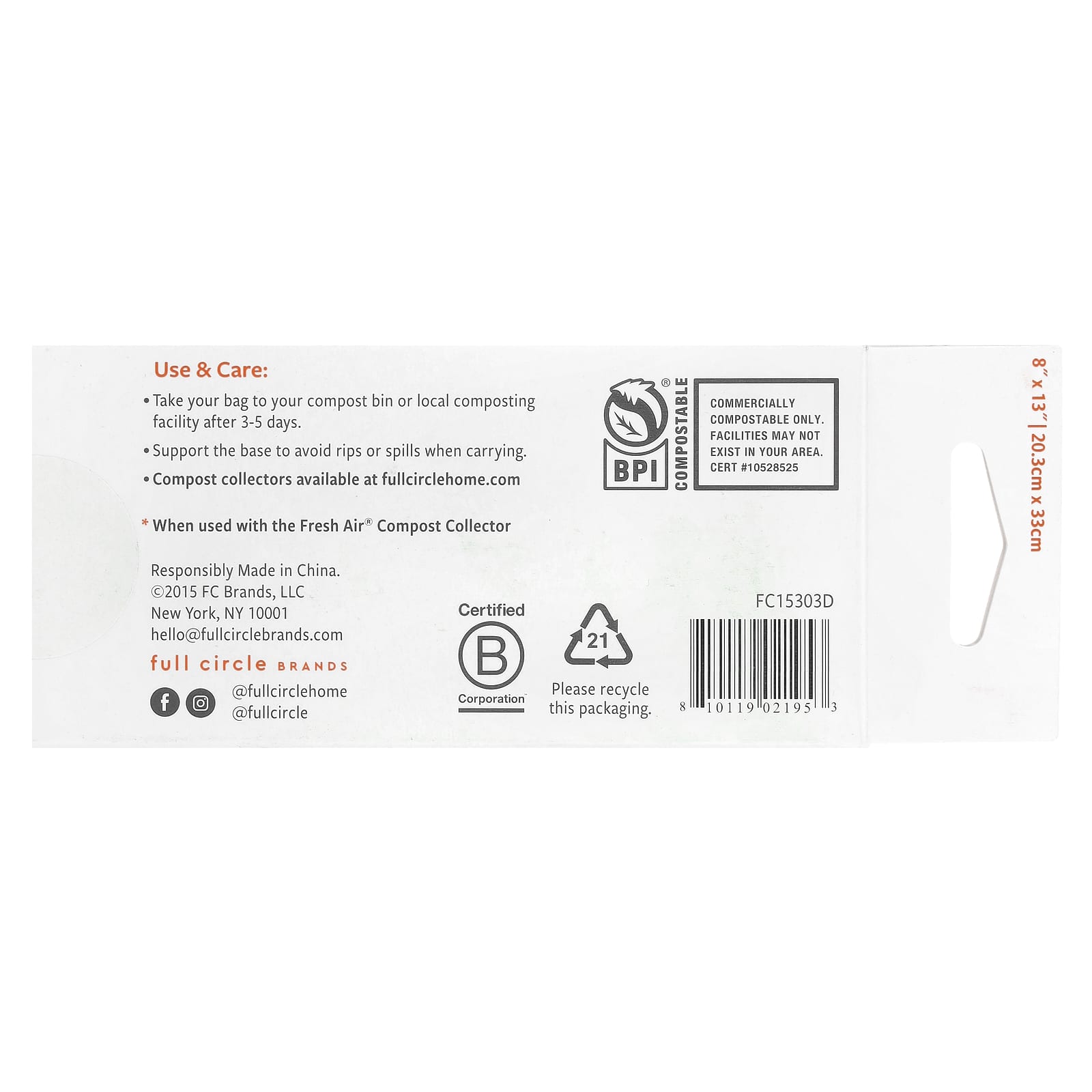 Full Circle, Fresh Air™, Compostable Food Waste Bags, Unscented , 25 Bags