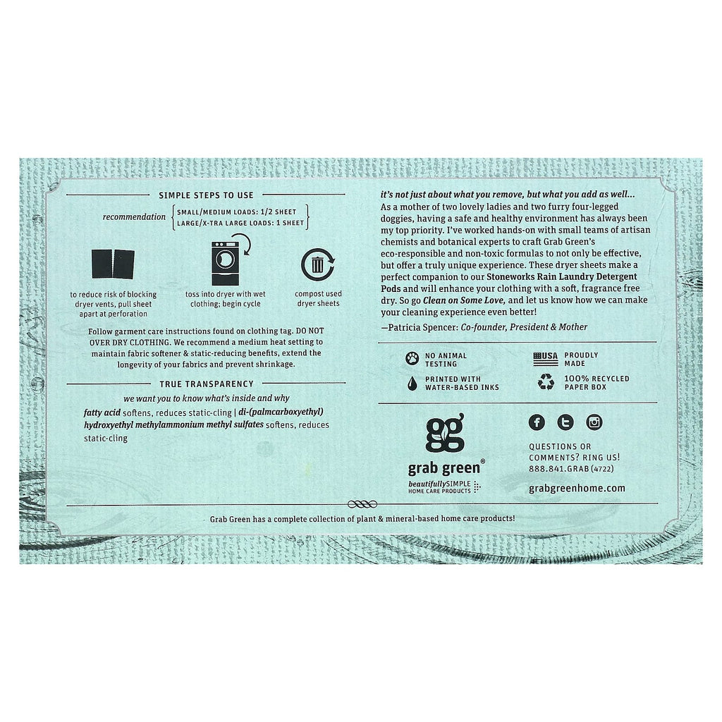Grab Green, Stoneworks, Dryer Sheets, Rain, 80 Compostable Sheets