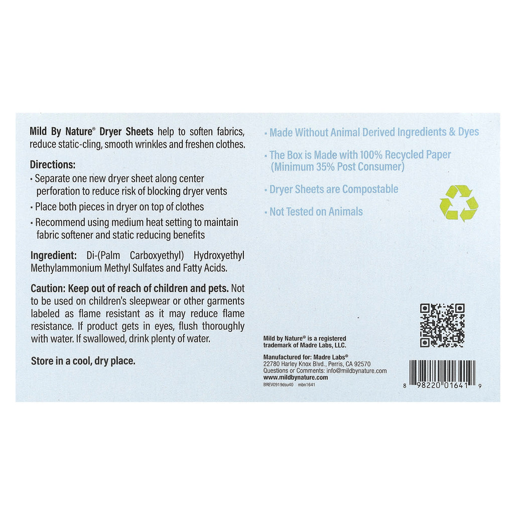 Mild By Nature, Dryer Sheets, Unscented, 40 Compostable Sheets