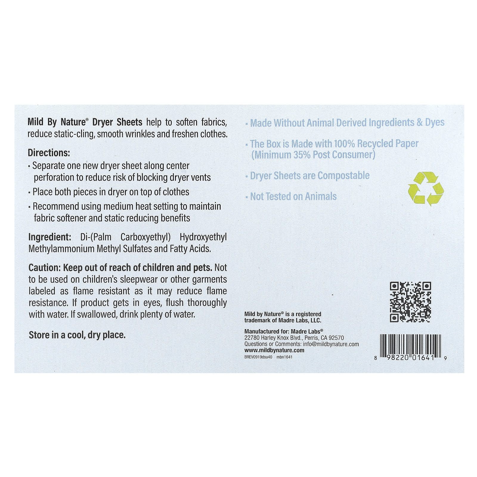 Mild By Nature, Dryer Sheets, Unscented, 40 Compostable Sheets