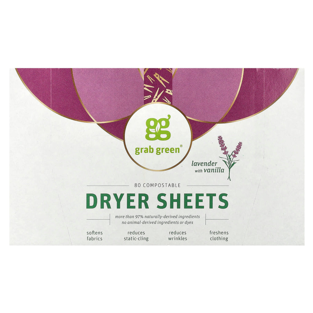 Grab Green, Dryer Sheets, Lavender with Vanilla, 80 Compostable Sheets