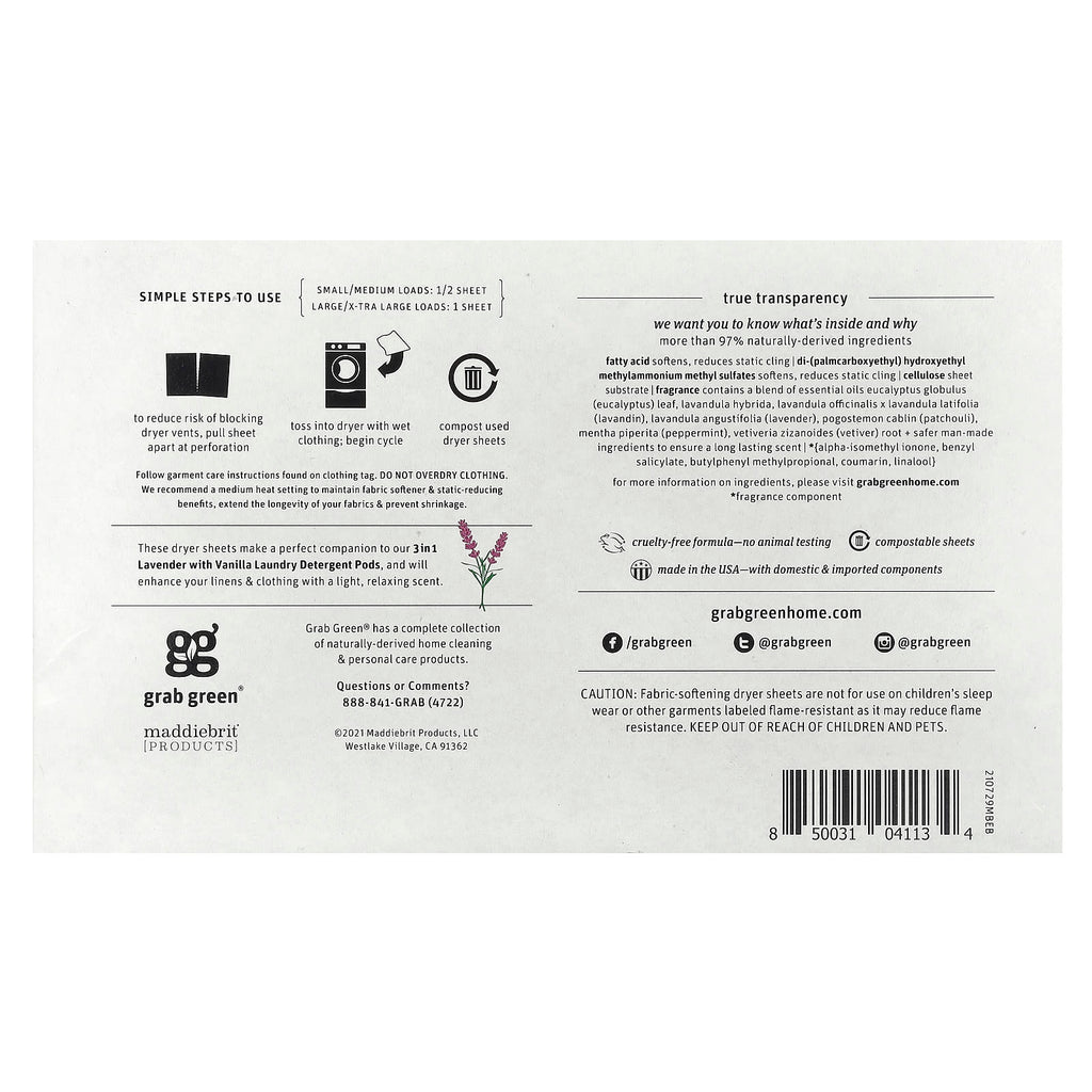 Grab Green, Dryer Sheets, Lavender with Vanilla, 80 Compostable Sheets