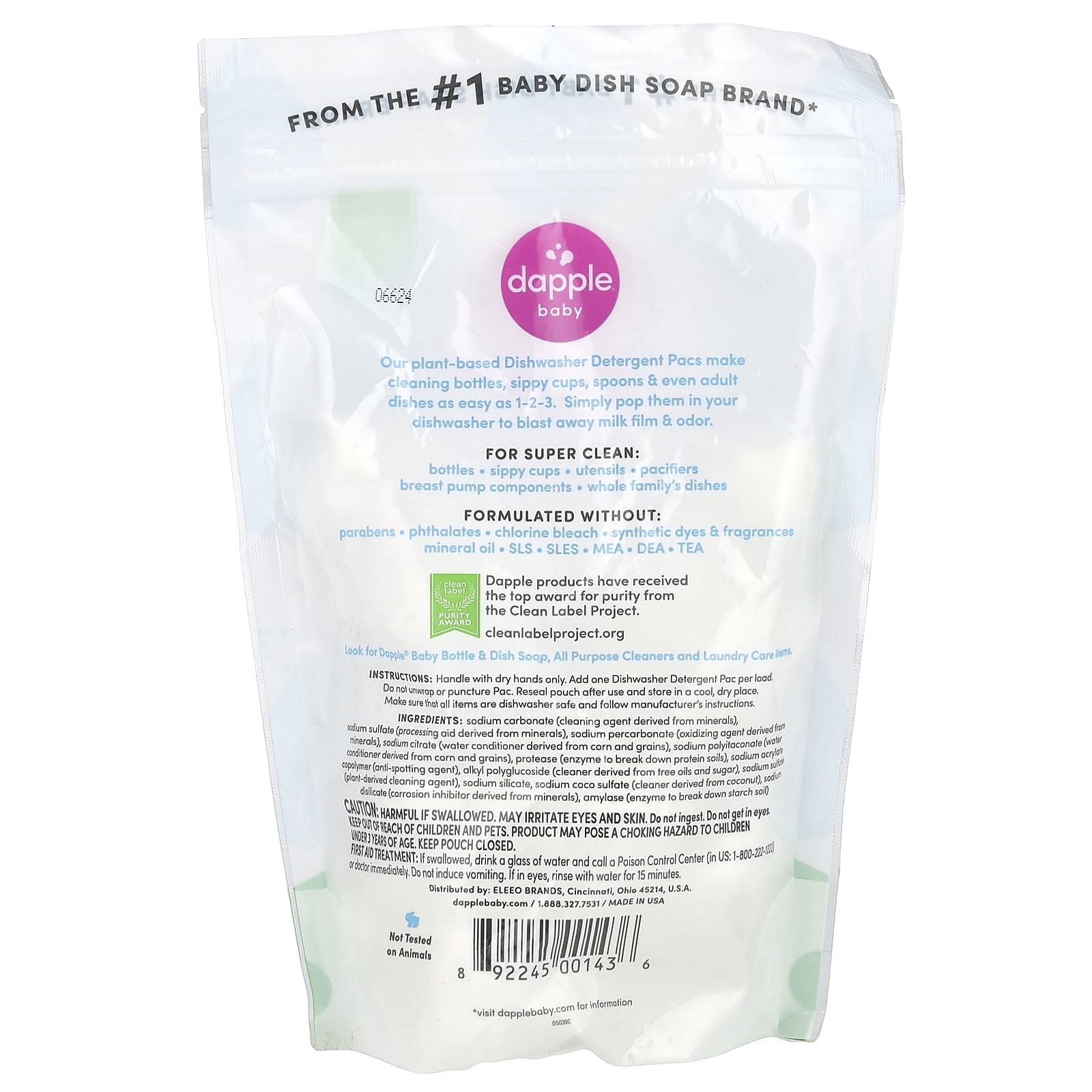 Dapple Baby, Dishwasher Detergent Pacs, Fragrance Free, 25 Pacs, 15.9 oz (450 g)