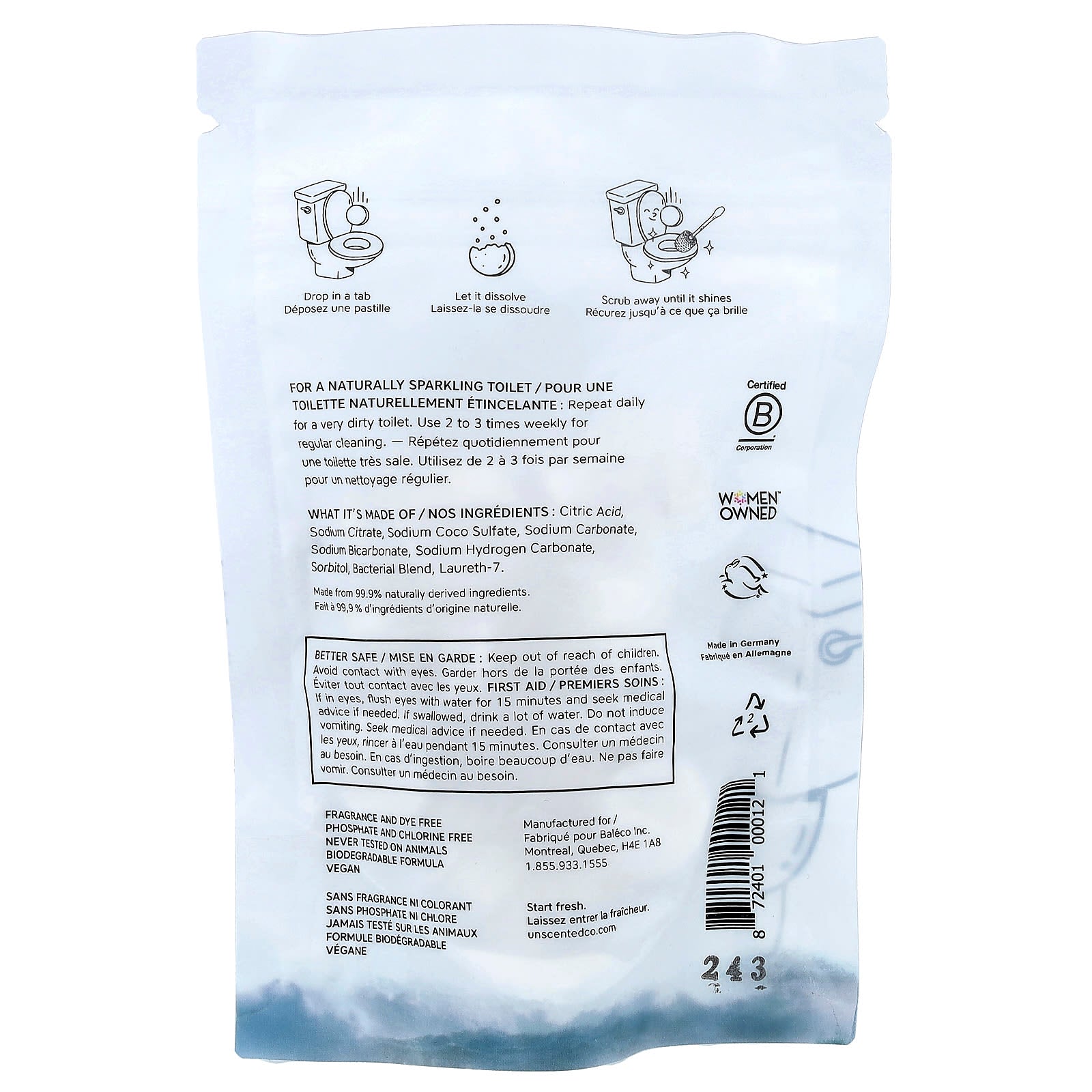 The Unscented Company, Toilet Bowl Cleaner, Fragrance Free, 22 Tabs, 2.75 oz (78 g)