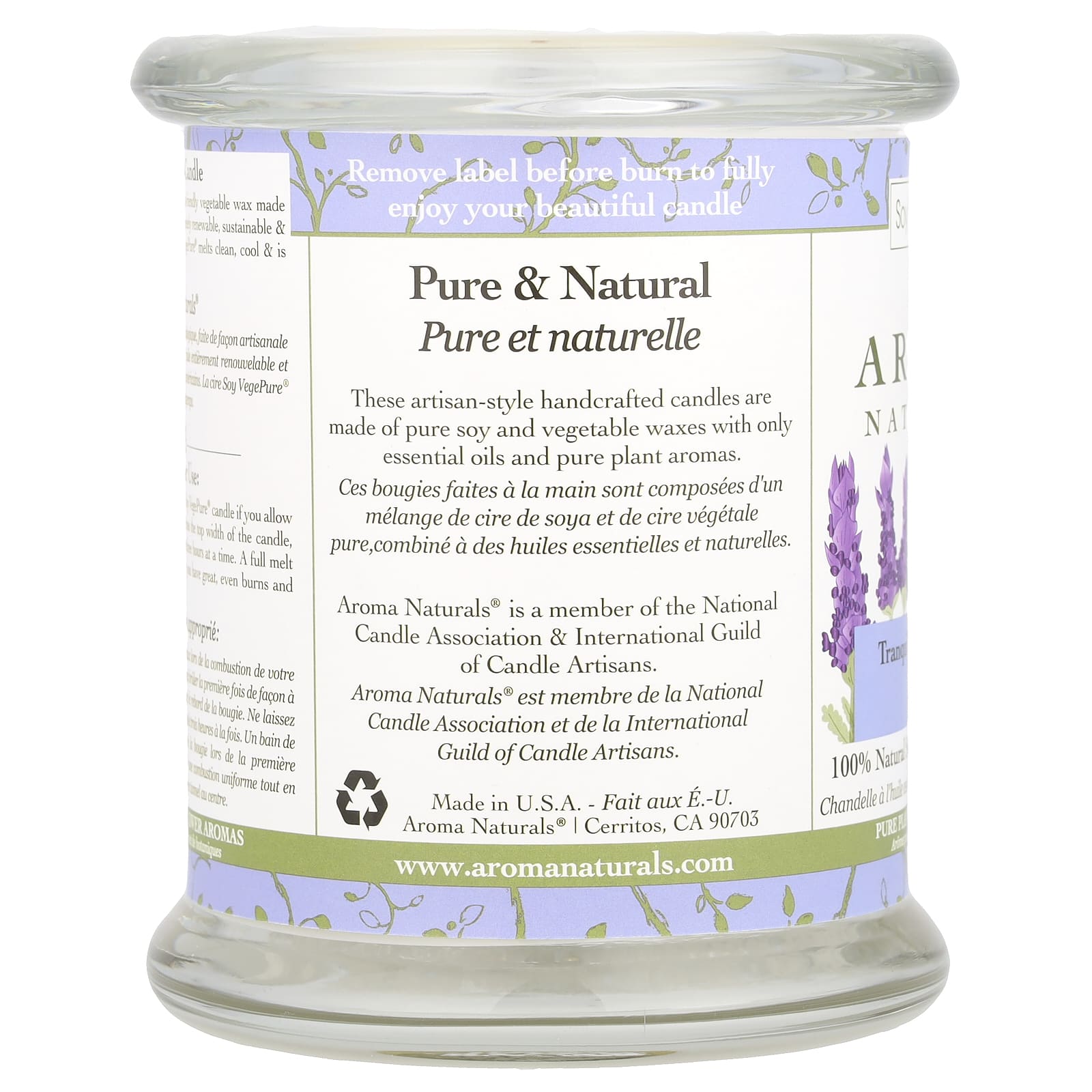 Aroma Naturals, Soy VegePure®, 100% Natural Soy Essential Oil Candle, Tranquility, Lavender, 8.8 oz (260 g)