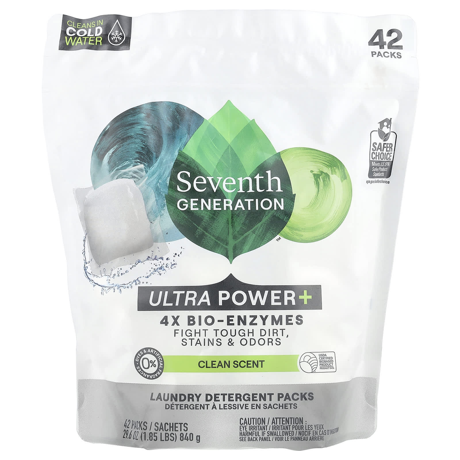 Seventh Generation, Laundry Detergent Packs, Ultra Power +, Clean Scent, 42 Packs, 29.6 oz (840 g)
