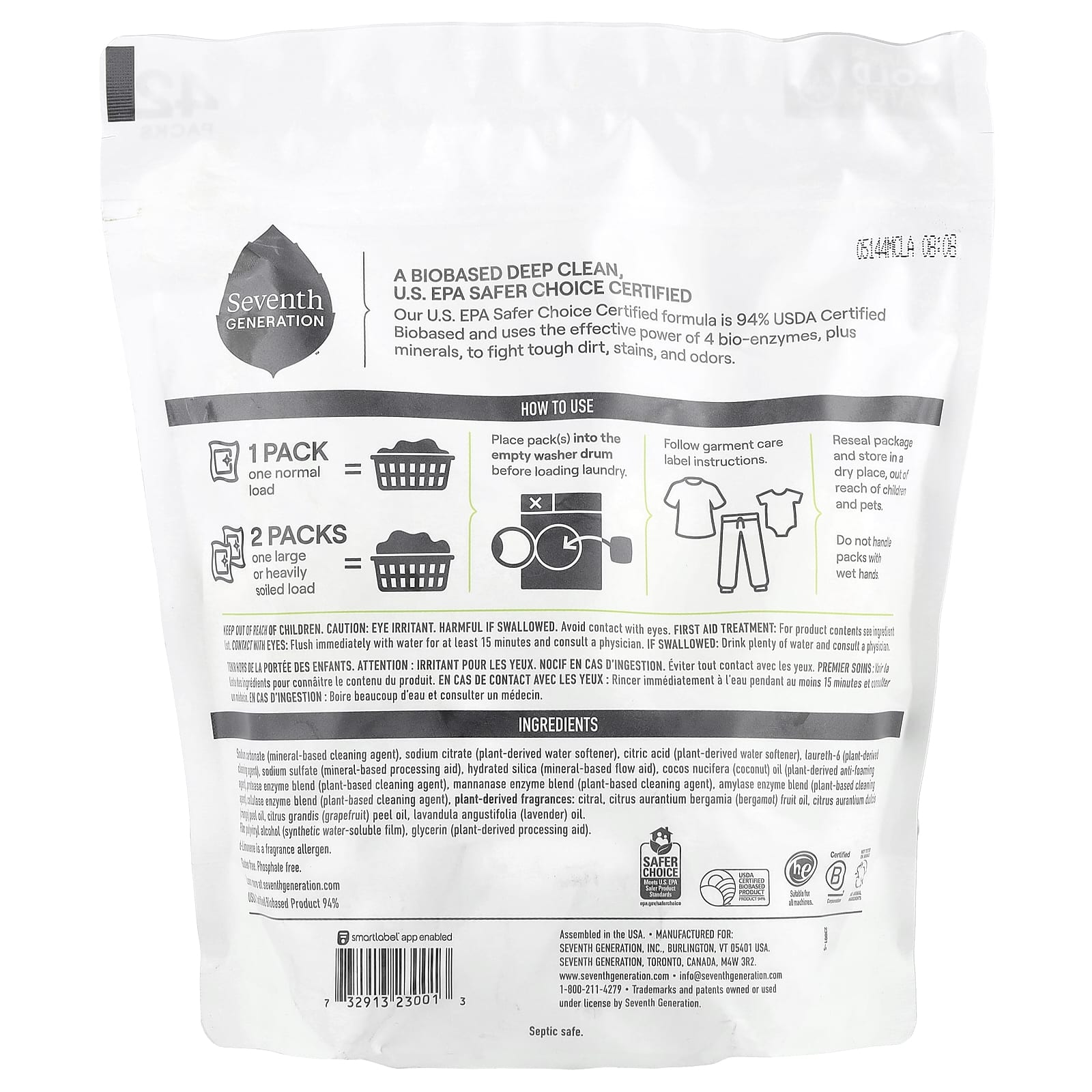 Seventh Generation, Laundry Detergent Packs, Ultra Power +, Clean Scent, 42 Packs, 29.6 oz (840 g)