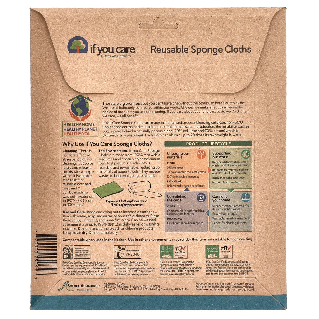 If You Care, Reusable Sponge Cloths, 5 Cloths, 8" x 6.75" (20 cm x 17 cm) Each