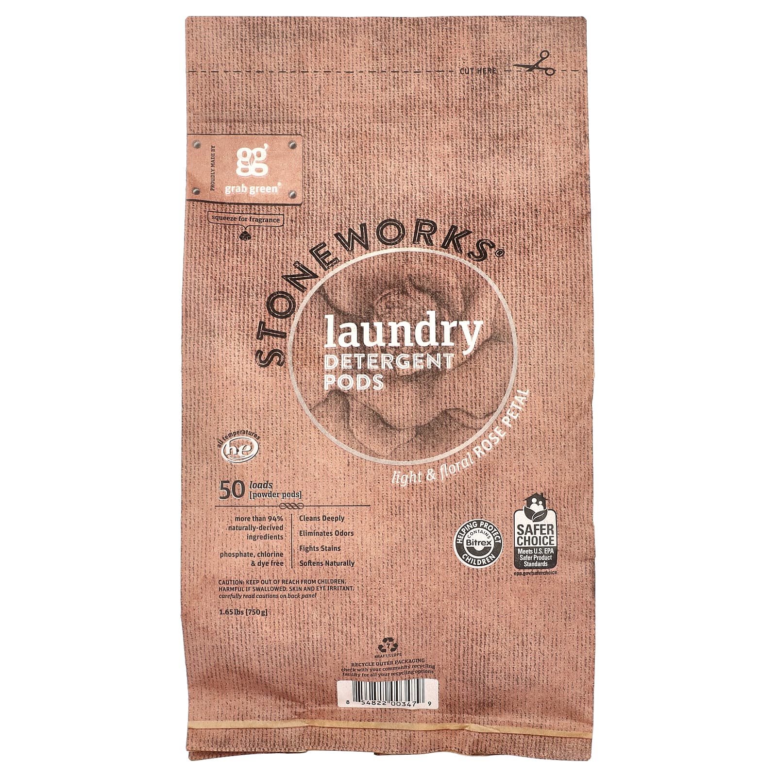 Grab Green, Stoneworks®, Laundry Detergent Pods, Rose Petal, 50 Loads, 1.65 lbs (750 g)